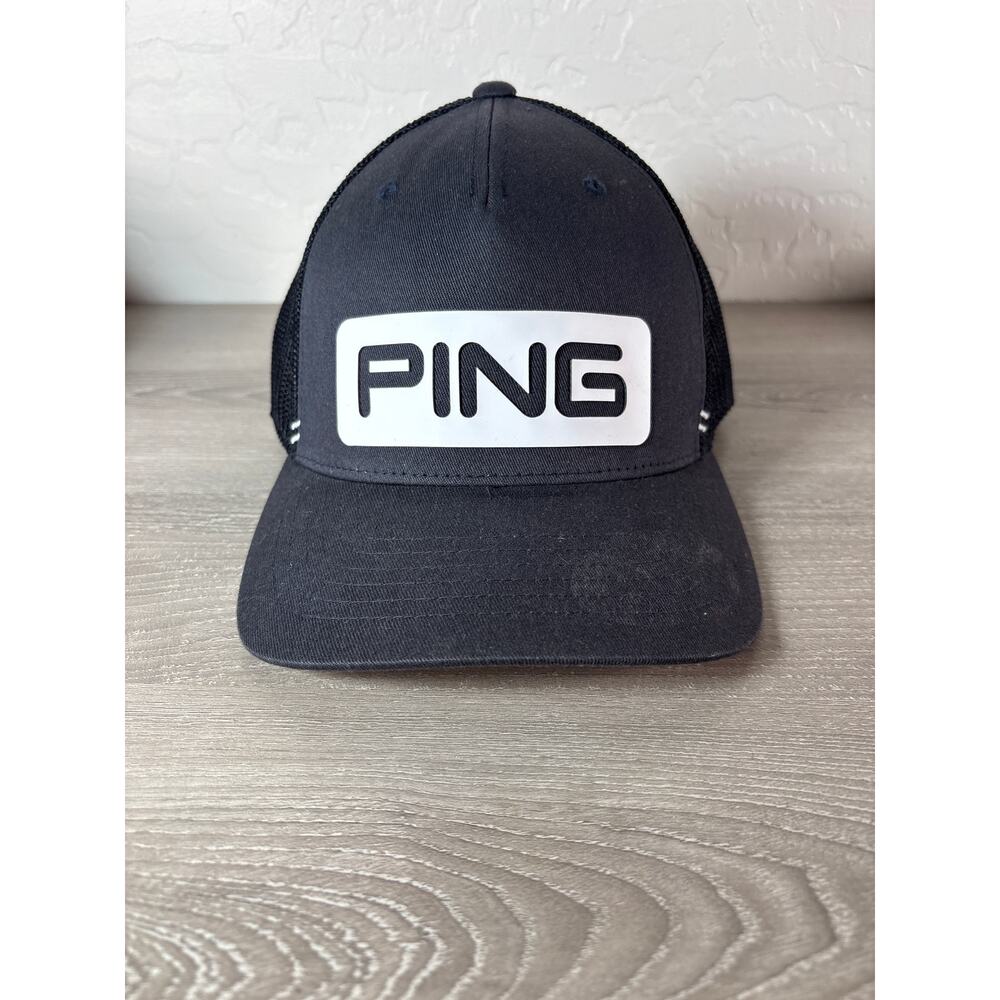 Ping Golf Men's Black White Large Logo Trucker Hat‎ Cap-  1 10- One Ten- EUC